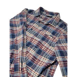 Vans Flannel Button Up Shirt Men's Size Small Blue Burgandy Tan Plaid Long Sleev